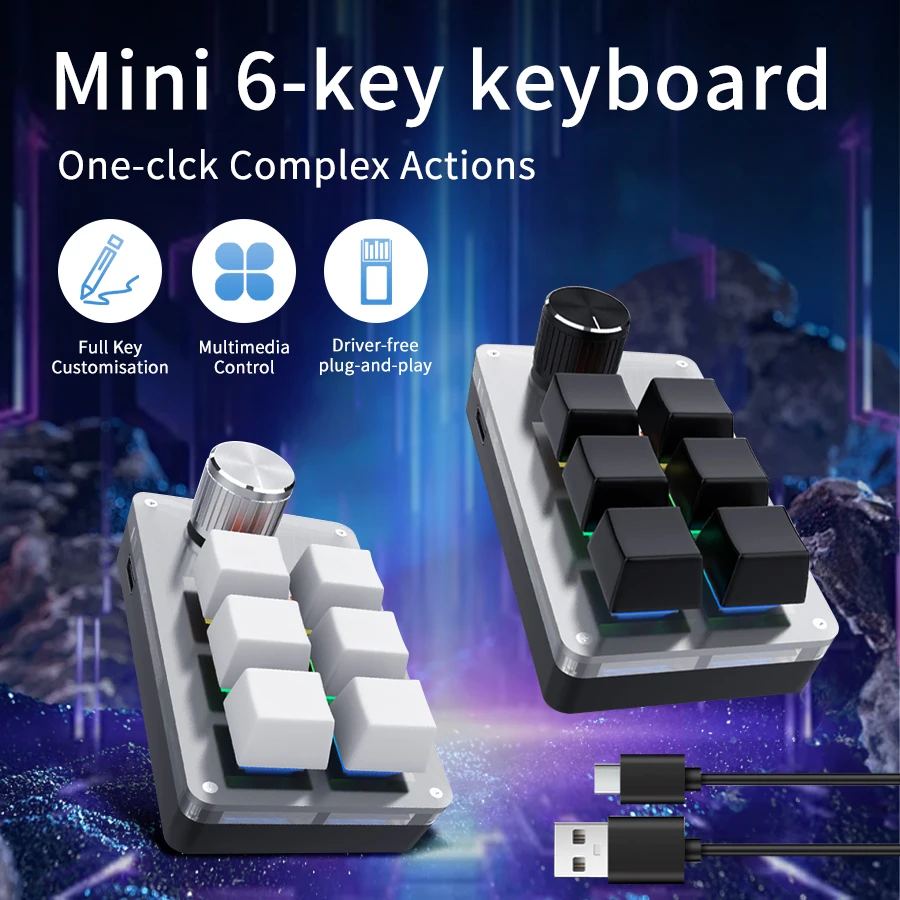 6 Keys 1 Knob Mini Macro Keyboard RGB Wired Programming Mechanical Keyboard Gaming Keypad Custom Switch Portable For Photoshop