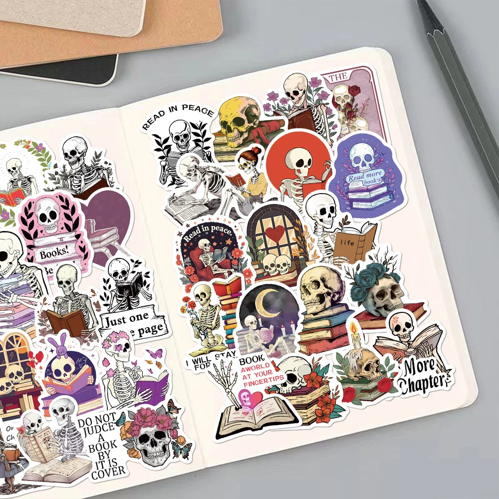 10/30/50 pçs engraçado dos desenhos animados crânio leitura livro adesivos romântico bookish decalques diy papelaria mala portátil legal adesivo decoração