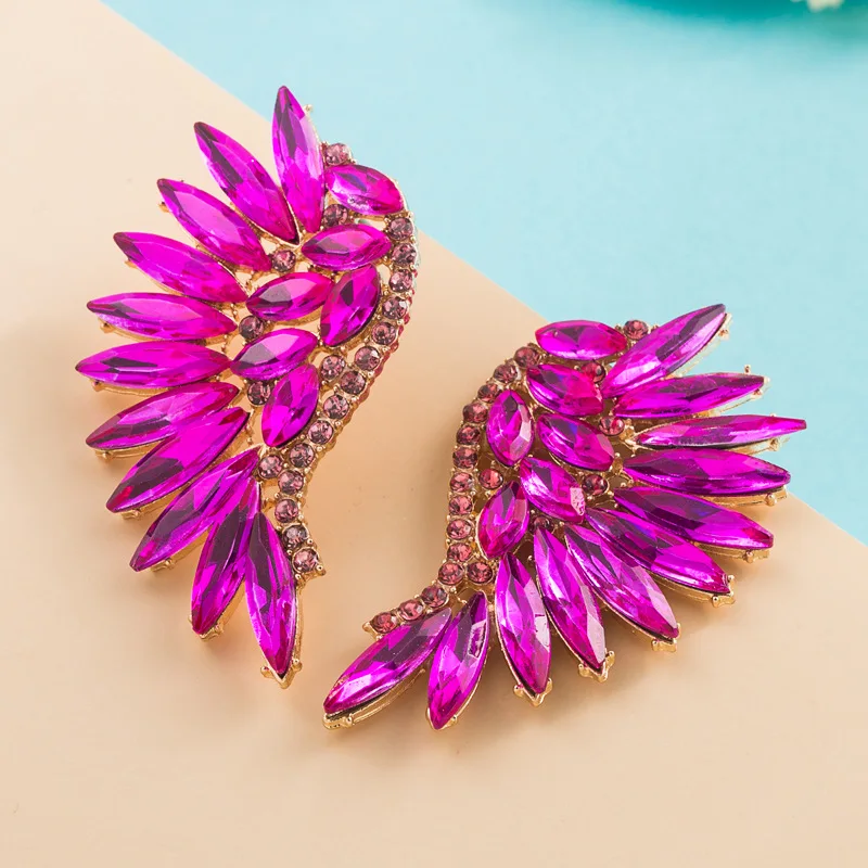 Luxury And Exaggerated Fan-shaped Bohemian Style Earrings, Alloy Wings, Colorful Rhinestone Earrings, Trendy Earrings