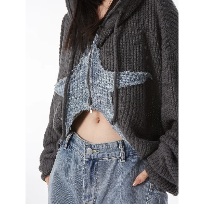 Deeptown Y2k Vintage Cropped Star Sweater Women Korean Style Grunge Knit Cardigan Kpop Zipper Knitwear Gyaru Streetwear Autumn