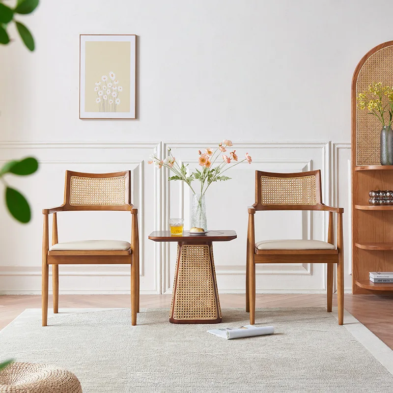 

Nordic leisure chair simple home balcony hotel homestay solid wood leisure rattan chair tea table three-piece combination
