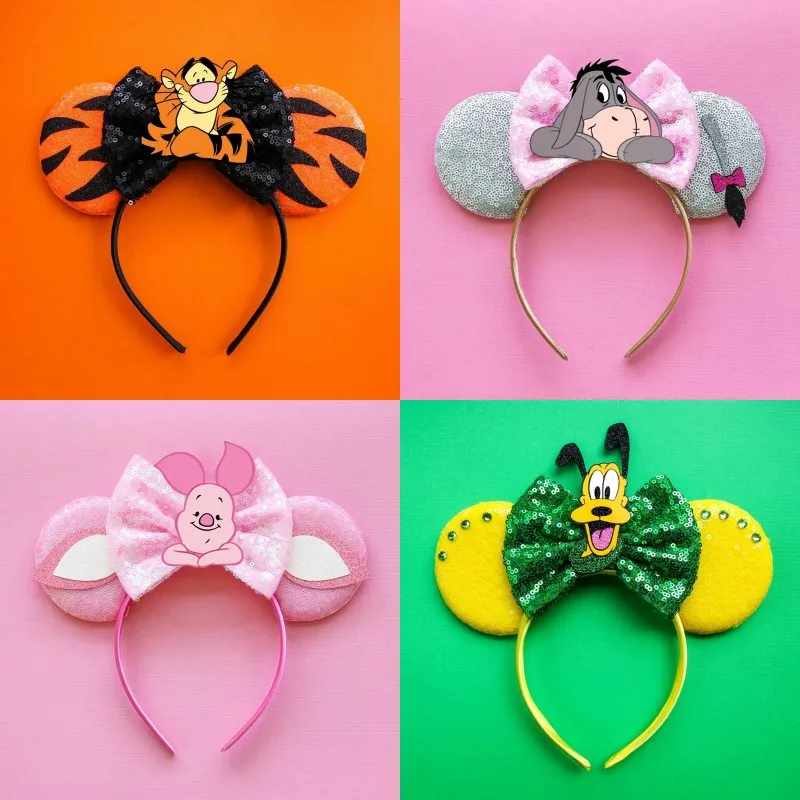 Diademas con orejas de Mickey Mouse de Disney para mujeres y niñas, accesorios para el cabello de fiesta, diadema de Minnie Mouse, lazos de