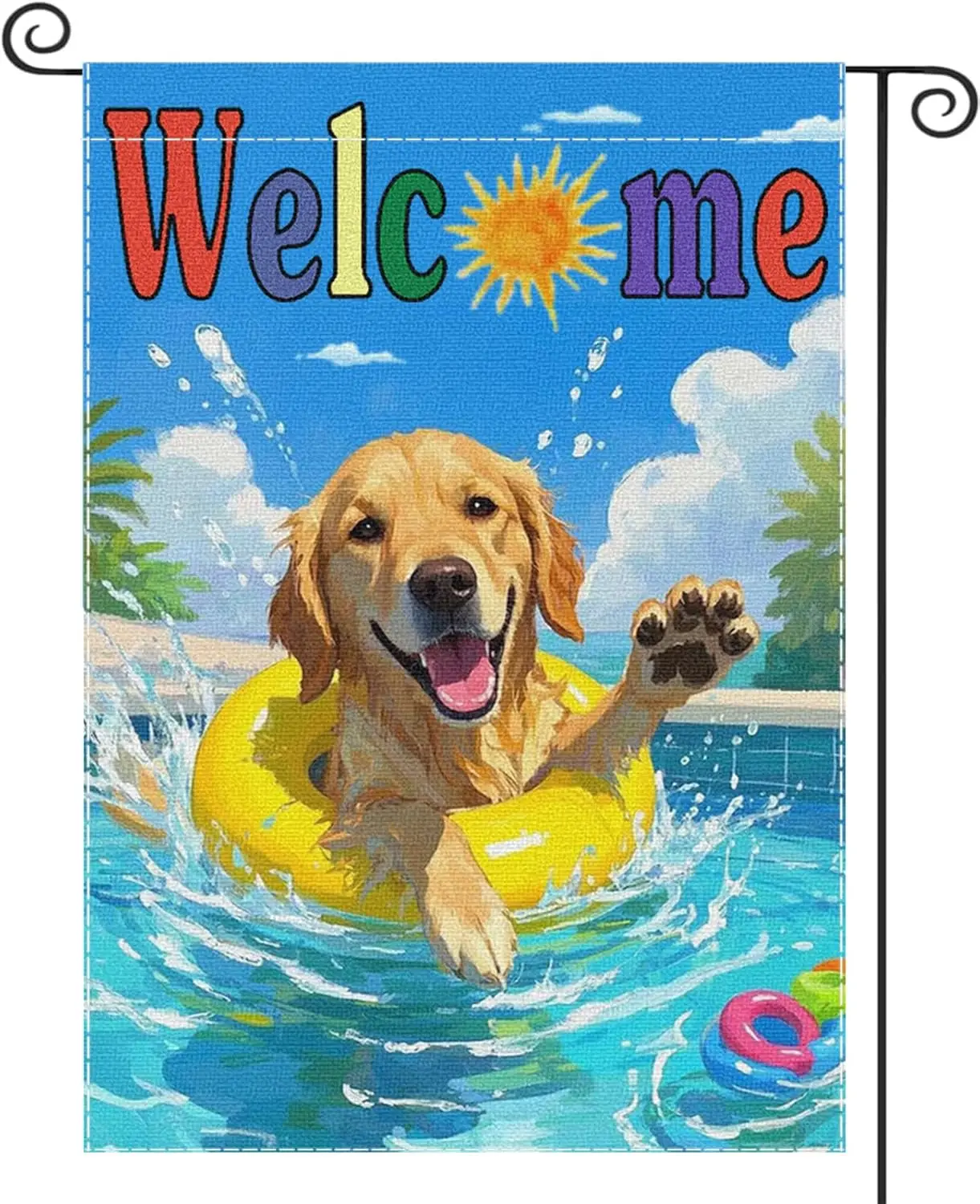 Dog Summer Garden Flag Golden Retriever Swimming Pool Welcome Small Flags for Outside, Tropics Beach Double Sided Burlap Hol SSL