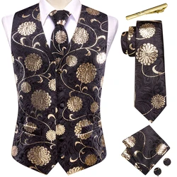 Designer Black Champagne Mens Vest Silk Sleeveless Waistcoat Jacket V-Necktie Hanky Cufflinks Sets Business Wedding Gifts Hi-Tie