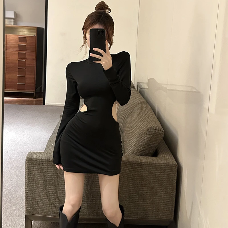 

Women's Bodycon Casual Dress Half High Collar Spring Autumn Solid Color Hollow Out Waist Sexy Fashion Long Sleeves Dresses