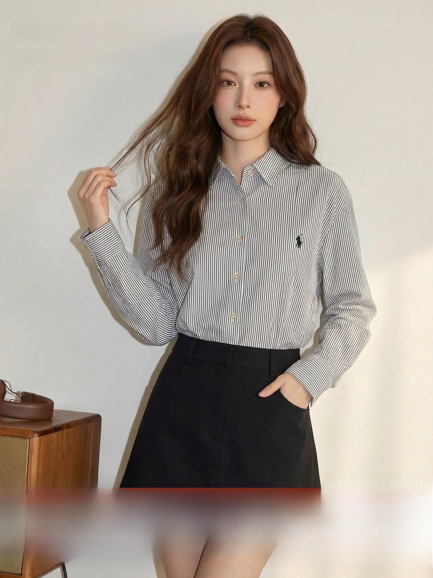 

Meng Xiaoqi Trendy Embroidered Loose Fit Long Sleeve Shirt Women's Early Spring Commute Style Korean Versatile Slimming Top