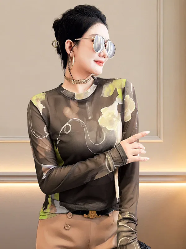 Slimming Effect Long Sleeve Mesh Printed T-Shirt round Neck Base Shirt Thin Style Autumn Winter New Arrival Women's Fashion