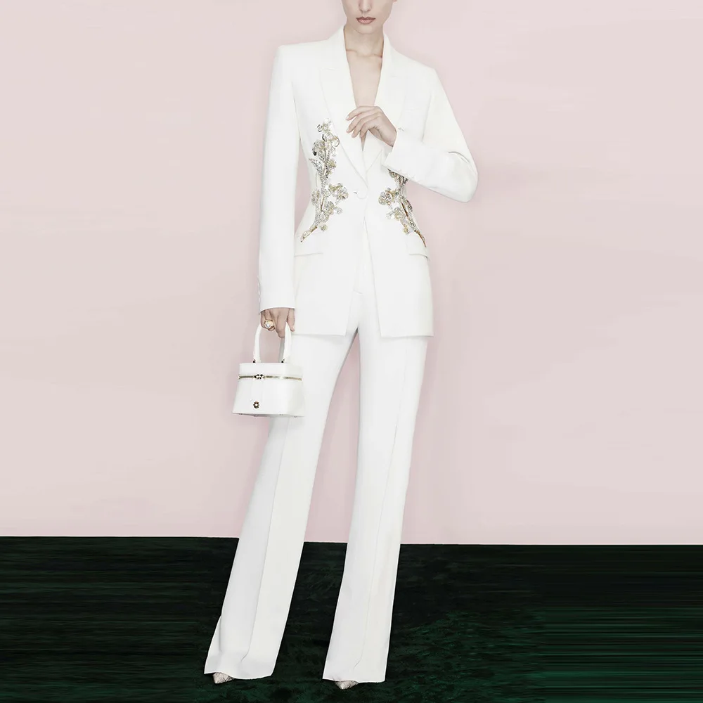 HIGH STREET Newest Fashion 2026 Designer Suit Set Women's Sequined Beaded Blazer Straight Pants Set 2pcs
