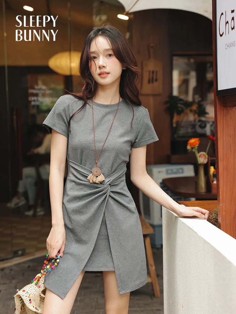 

Knot Front Bodycon T-Shirt Dress Women Summer Short Sleeve Slim Fit Waist Wrap Mini Dress Stylish Elegant Casual Fitted Design