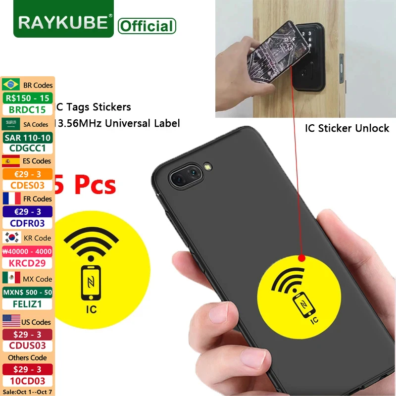 

RAYKUBE 5 Pcs IC TAG Sticker 13.56MHz Universal Label Anti-Metal Tag NFC Mobile Phone Access Control Card Sticker