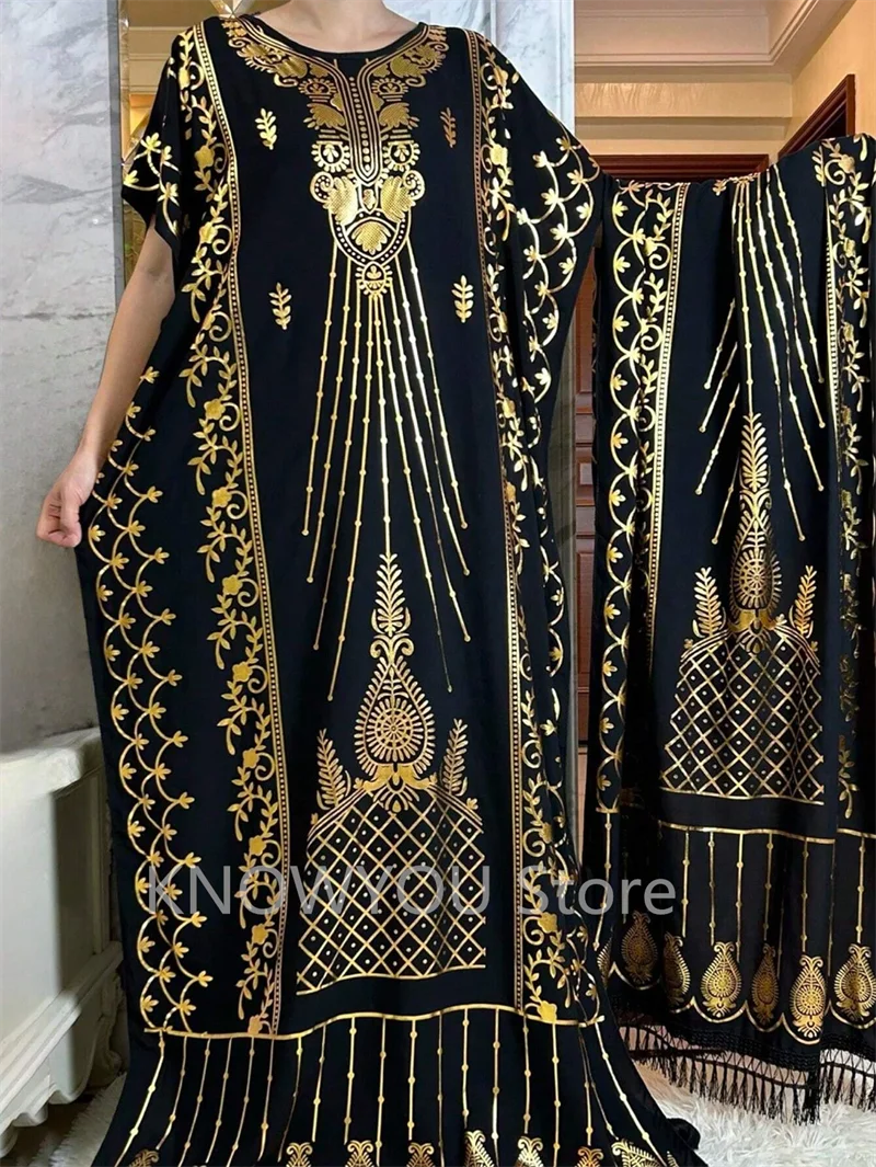 2Pcs Women's Embossed Pattern Robe Headscarf Set Arab Luxury Gown Head Covering Summer Short Sleeve Cotton Dress Islam African