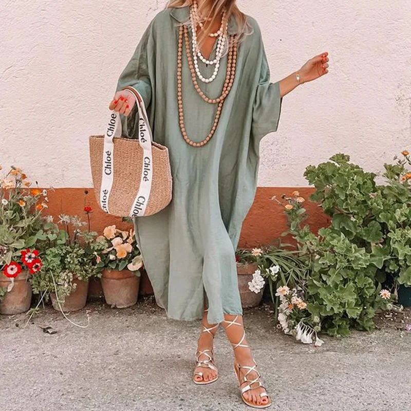 Spring And Autumn Loose Collar Bat Sleeve Bohemian Cotton And Hemp Dress Women's Fashion Green Long Sleeve Casual Maxi Dresses