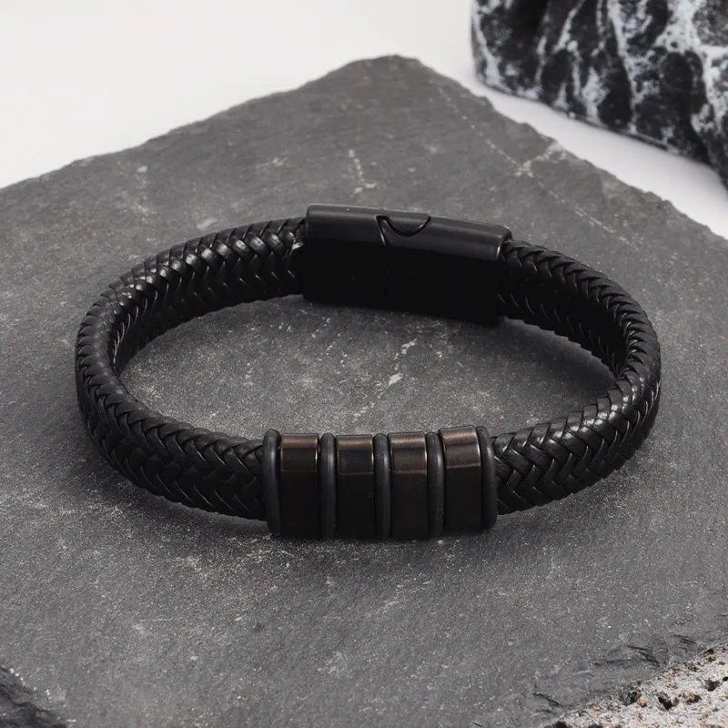 Pulsera antiestática de negocios para hombre, estilo Retro europeo americano, brazaletes de moda tejidos magnéticos de cuero y acero inoxidable