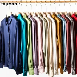 Tajiyane Damen-Langarmshirt aus 93 % Maulbeerseide, 7 % Elasthan, 19 Momme, Satin-Seidenknöpfe, Oberteil, Bluse, Büroarbeit, Chemise Femme