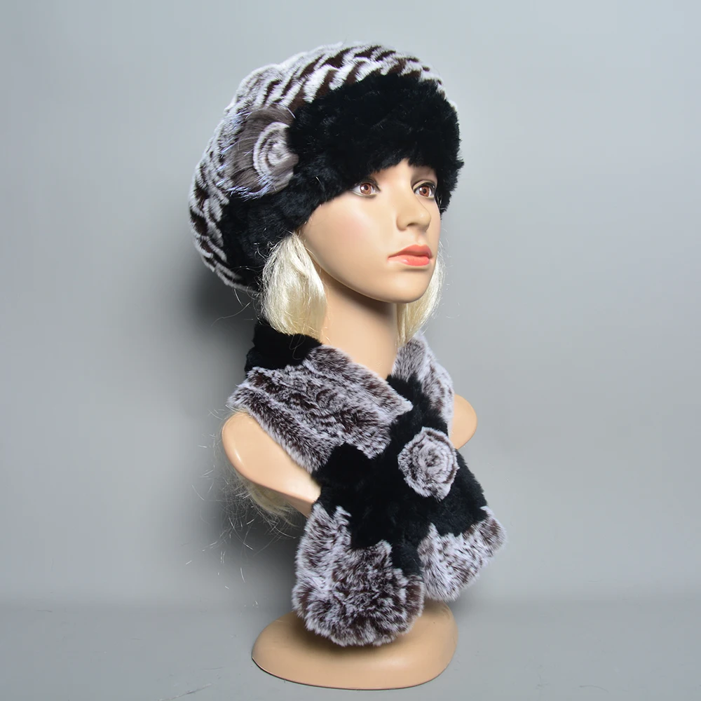 2024 New Winter women Warm Real Rex Rabbit Fur Hat With Natural Rex Rabbit Fur Scarf 2 Pieces Sets Fashion Headgear And Muffler