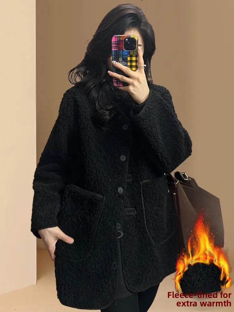 الكورية Sle ort لامب الفراء Jaet المرأة شتاء جديد Faion عادية Thiened الدافئة أعلى جولة Ne زر إغلاق طويل Sve