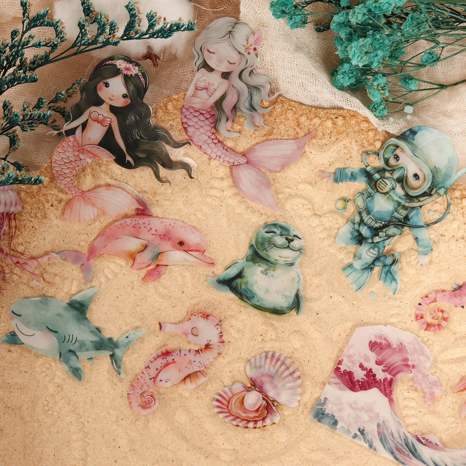 56 Stück PET wasserdichtes Meerjungfrau-selbstklebendes ästhetisches Aufkleberpaket, für Heimwerkerarbeiten, Scrapbooking-Zubehör, Junk Journals – Detail 1