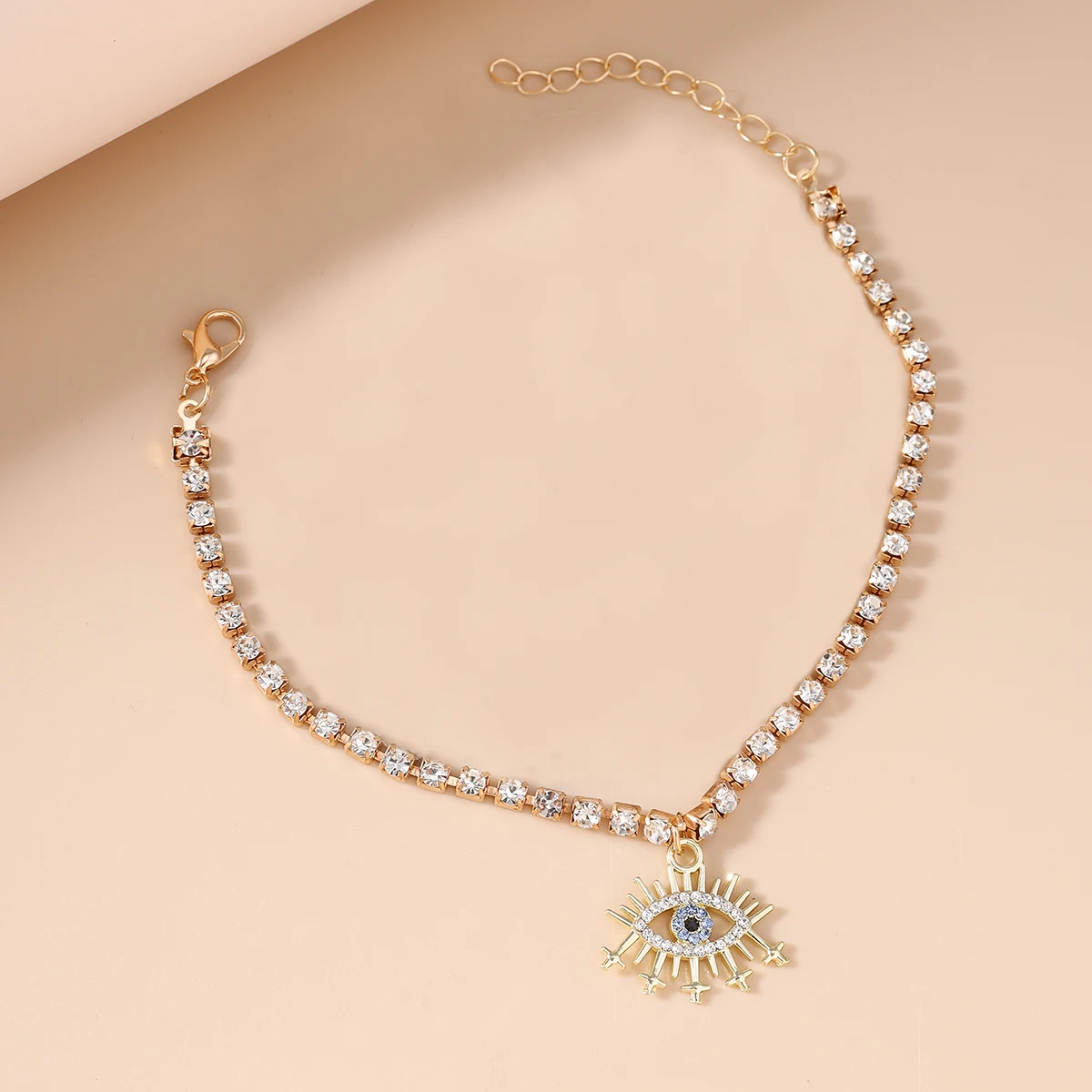 Aihua Goldfarbene Kristall-Tennis-Kette, türkisches Blauauge-Fußkettchen für Damen, barfußes Knöchelarmband, Fußschmuck, Geschenke – Detail 3