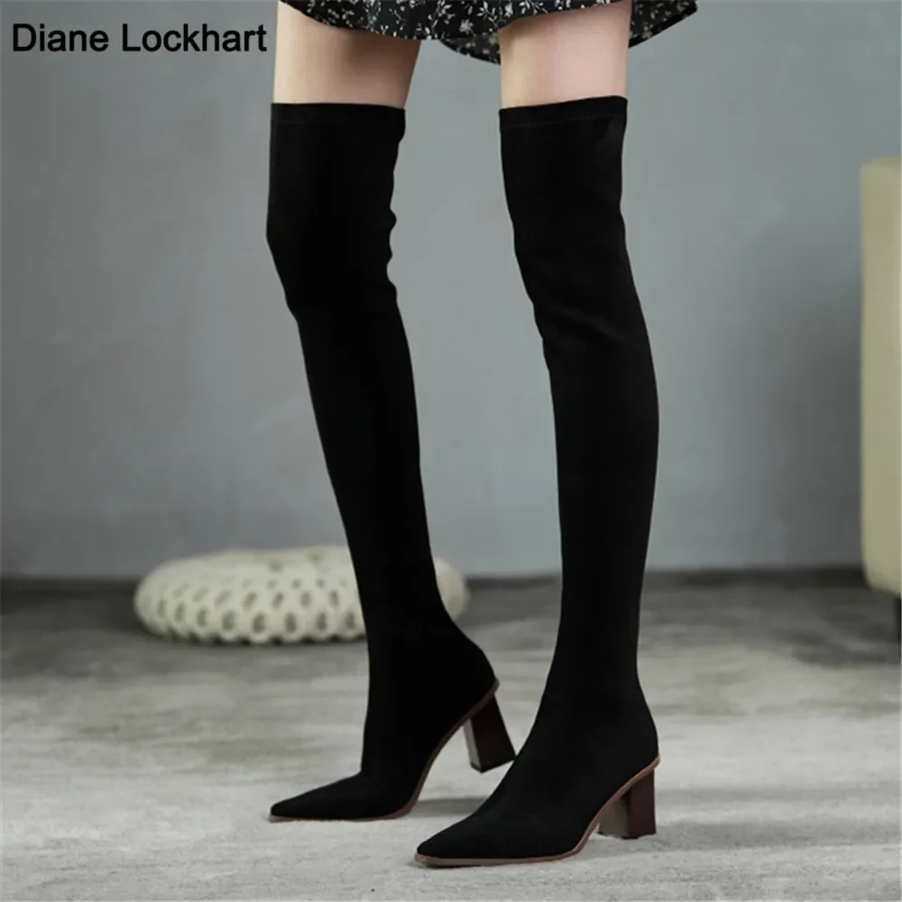 High Quality Kid Suede Sexy High Heels Thick Heel Long Boots Slim Stretch Thigh High Autumn Winter Over-the-knee Thigh Boots