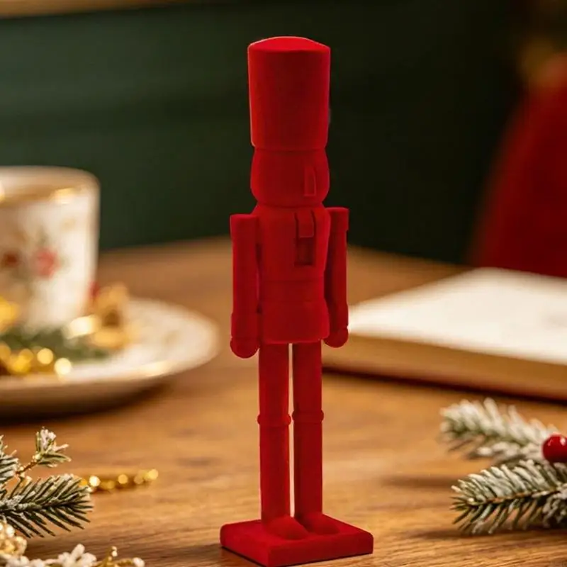 62KD Christmas Soldier Figurine With Flocking Finish and Pedestal Base, Resin Holiday Velvety Nutcrackers Mantels Decors for