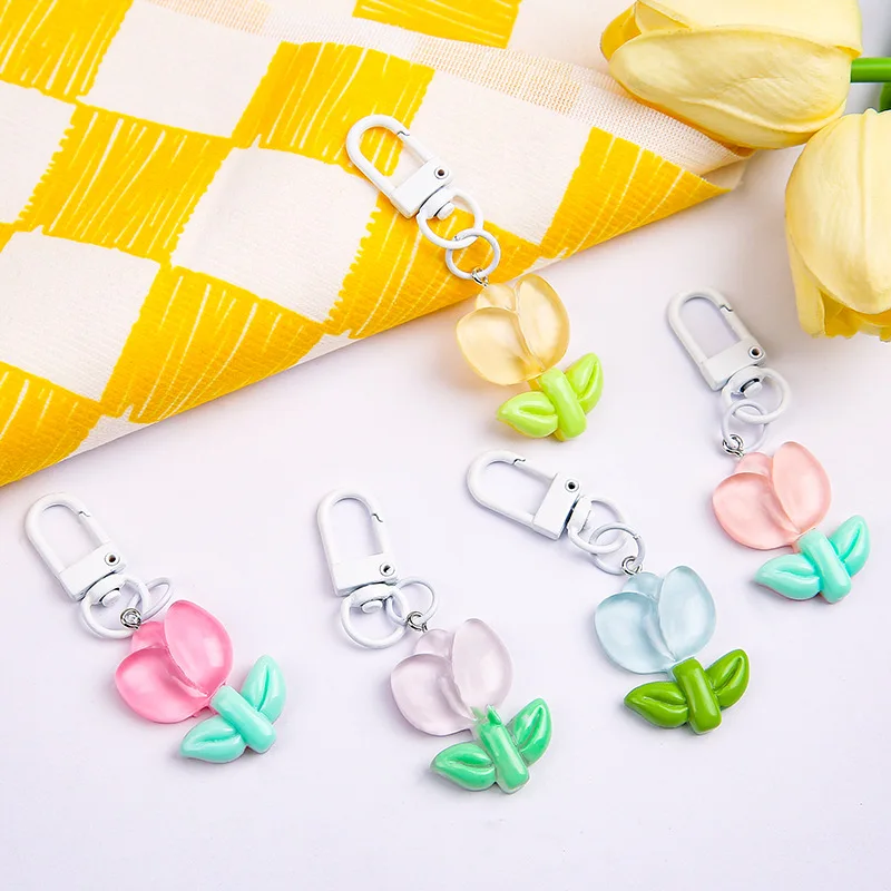 40pcs/set Candy Color Tulip Flower Pendant Keychain Bag Ornaments Earphone Case Decoration Car Key Accessories