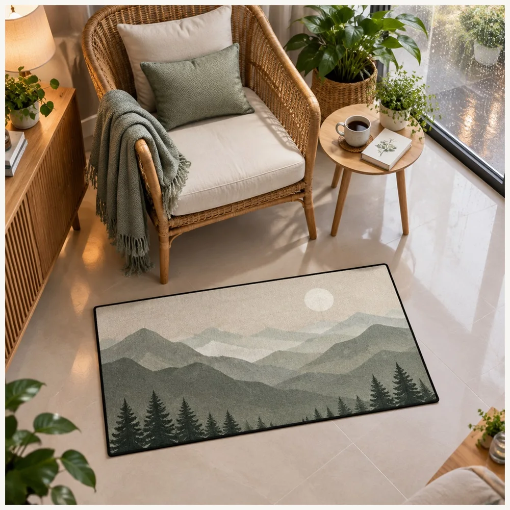 VIKAMA Minimalist Oat Sage Minimal Mountains Flannel Door Mat, Memory Foam Anti-Slip Mat, Home Decor for Hallway, Front Door