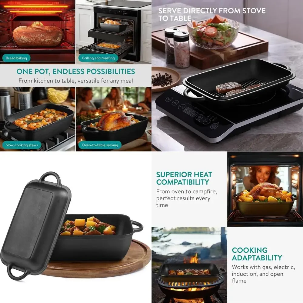 

Черная чугунная голландская духовка объемом 3,8 л с крышкой — универсальная сковорода для сковороды, сковороды, кастрюли, запекания, жарки, обжарки, гриля, Campi