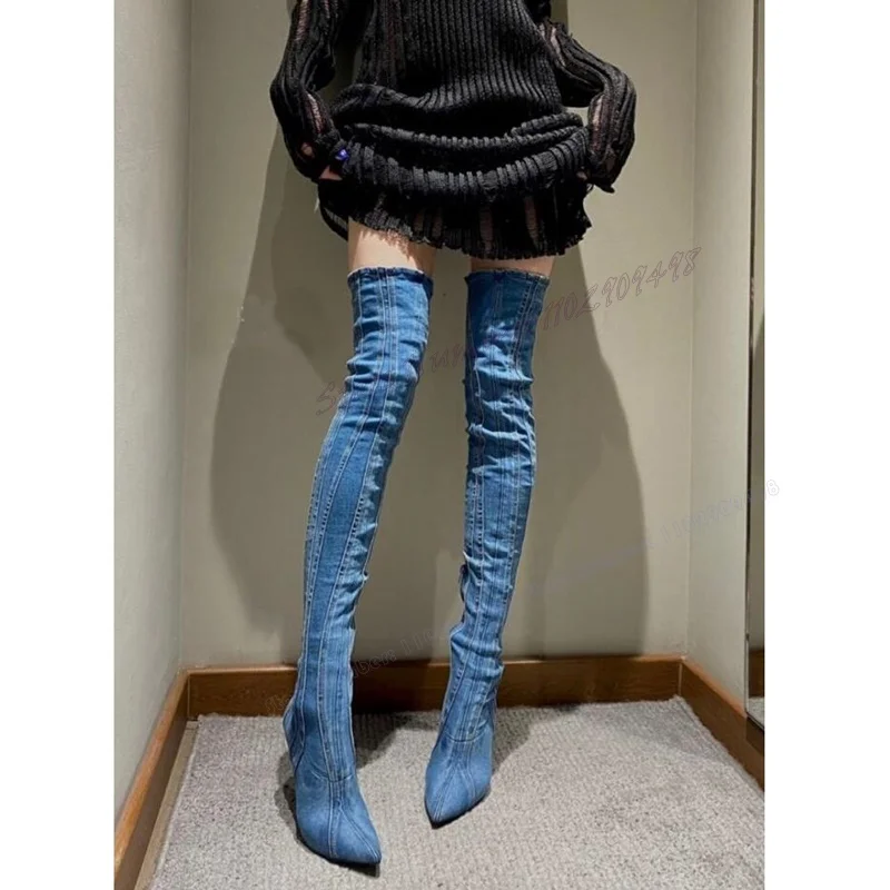 Stivali sopra il ginocchio in Denim blu scarpe a punta per le donne calzini sottili con tacco alto stivali scarpe da donna Sexy 2023 Zapatos Para