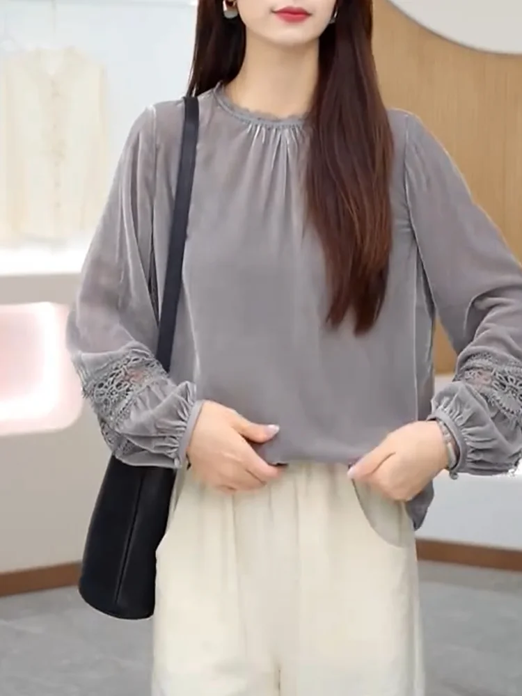 

Ele Velvet round Ne Top plus Size Versatile Slimming Faionable French Sle Women's Innerwear for Autumn Season