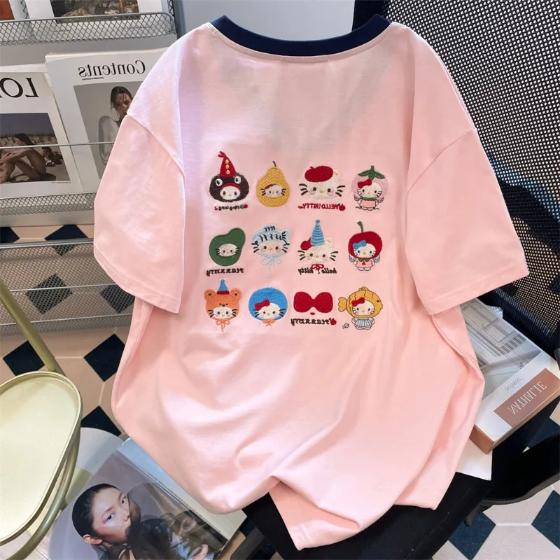 Korean Sweet Academy Style KT Cat 3D Printed Short Sleeved T-shirt Summer Loose V-neck Quick Drying Top