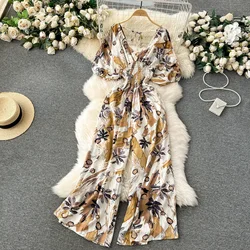 Summer Women Sexy V-Neck Puff Sleeve Printed Romper Female Black/Red/Blue/Yellow Wide Leg Jumpsuits Vacation Beach New Fashion