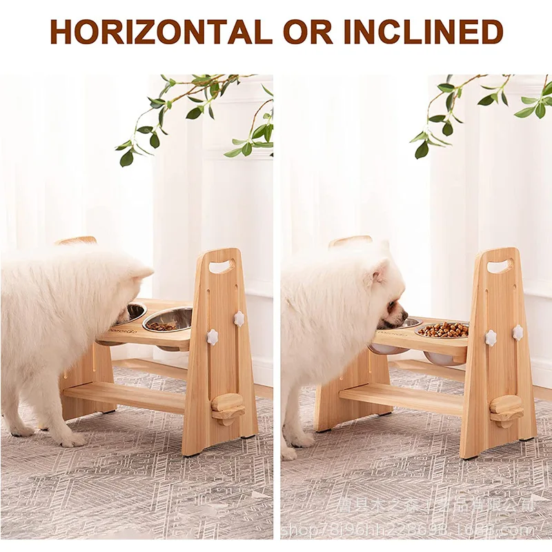 Wooden pet bowl rack to protect cervical vertebra Bamboo rack dog pet oblique pet dining table dog bowl ceramic bowl