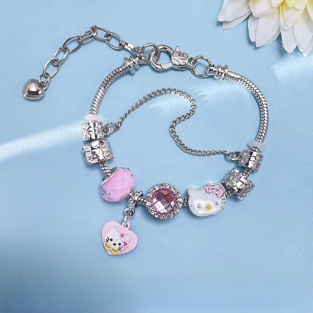 

Cute Hello Kitty Bracelet Cartoon Sanrio Diamond Heart Hello Kitty Pendant Bracelet Couple Jewelry Girls Kids Holiday Gifts