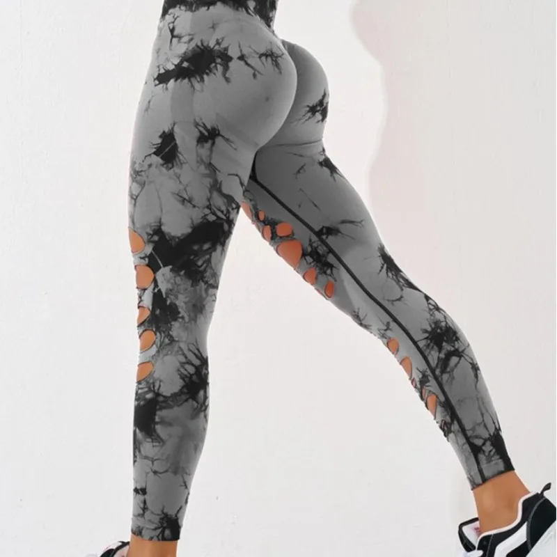 

Бесшовные брюки для йоги Tie Dye с рваными дырками, сексуальные леггинсы для фитнеса с подтяжкой бедер, полые леггинсы для фитнеса для женщин с высокой талией, персиковые ягодицы