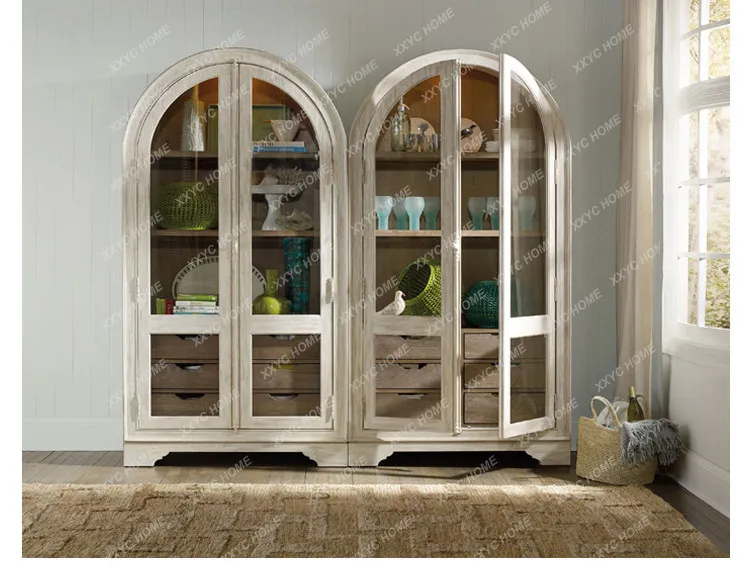 AA country-style solid wood bookcase, arched vintage vintage display cabinet
