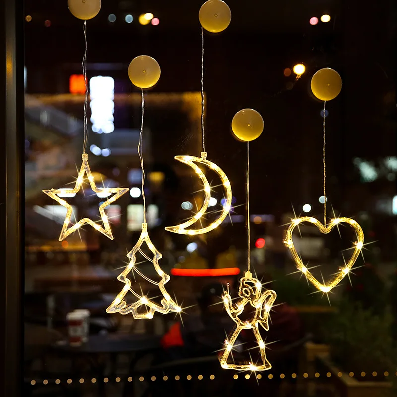 Christmas Star Snowman Tree Bell LED Window Suction Cup Lights Battery Operated Indoor Decor for Holiday Room Display