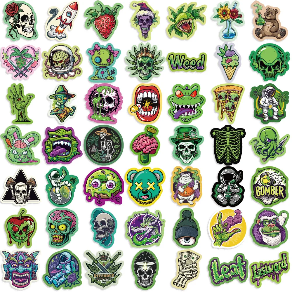 50pcs Green Monster scheletri Cartoon Graffiti Stickers telefono chitarra Laptop valigia bottiglie d'acqua adesivo impermeabile regalo