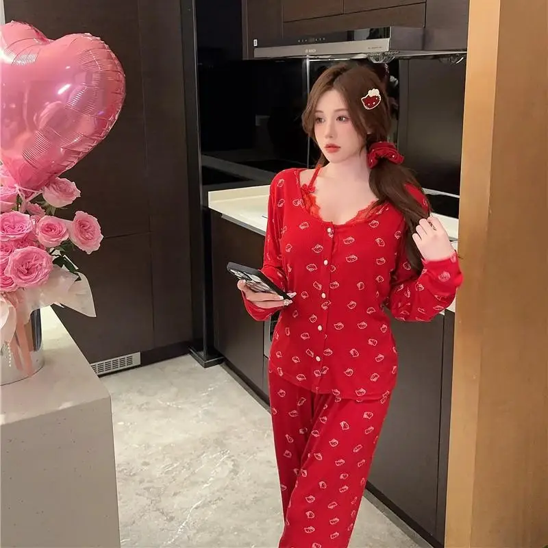 

Miniso Kit Girl Sexy Modal с подушкой на груди, пижамный костюм Kawaii Hello Kitty, аниме, модная весенняя одежда, одежда для отдыха на открытом воздухе