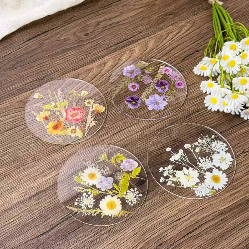 1/4 Stück 2D runde bunte bedruckte Untersetzer transparente künstlerische Blumen-Untersetzer für Hochzeit, Geburtstag, Tischdekoration, Muttertagsgeschenke