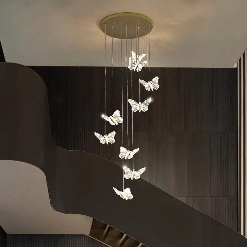 

Nordic Luxury Crystal Staircase Chandelier for Hotel Lobby Butterfly Art Light Home Decoration Lighting Crystal butterfly lamp