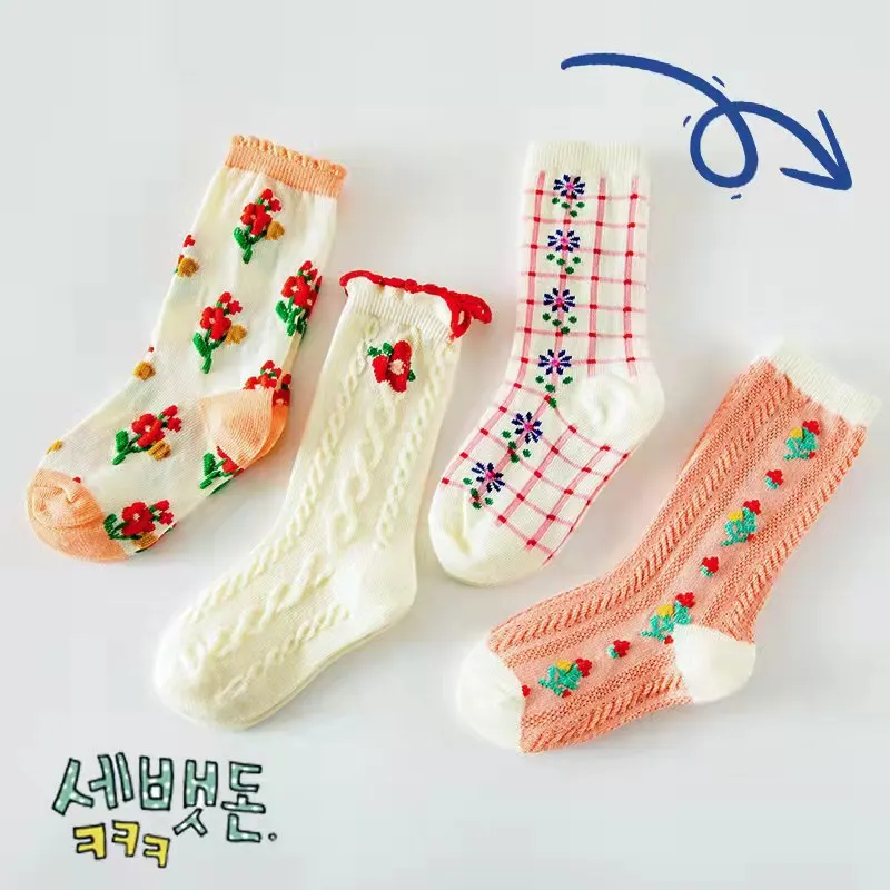 Bellbell Spring Autumn 4Pairs/lot 1-9Y Cute Flower Stripe Girl Socks Contrast Children Girls Princess Socks Kids Mid Tube Socks