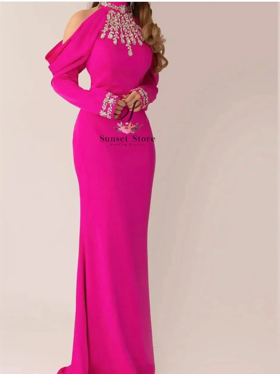 

Customized High Neck Beads Prom Dresses Off Shoulder Italy Satin Long Sleeves Textured Luxury Evening Dress Formal Occasion Dres