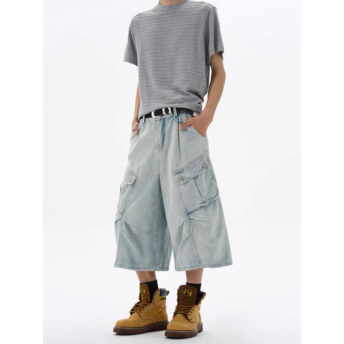 

Ретро-американские джинсовые шорты для мужчин: летние, модные, свободные, широкие, повседневные, рабочие, укороченные (7/8), из хлопка и полиэстера