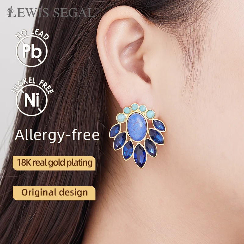 LEWIS SEGAL Vintage Leaf-shaped Stud Earrings Blue-green Gemstone for Women Luxury Ring Medieval Style Fine Jewelry 18K Gold