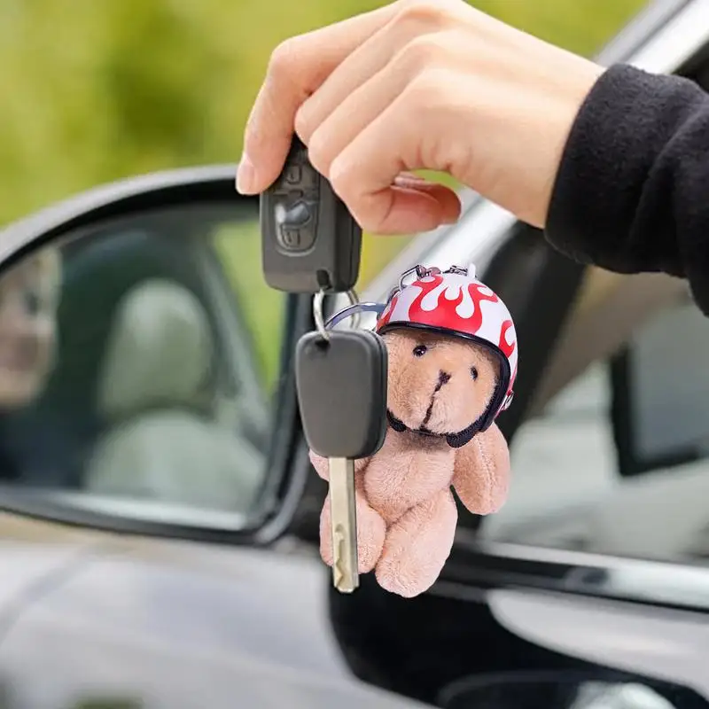 

Bear Stuffed Animal Keychain Bear Wearing Motorcycle Hat Plush Keychain Toys Animal Key Ring Hang Ornament Furry Backpack