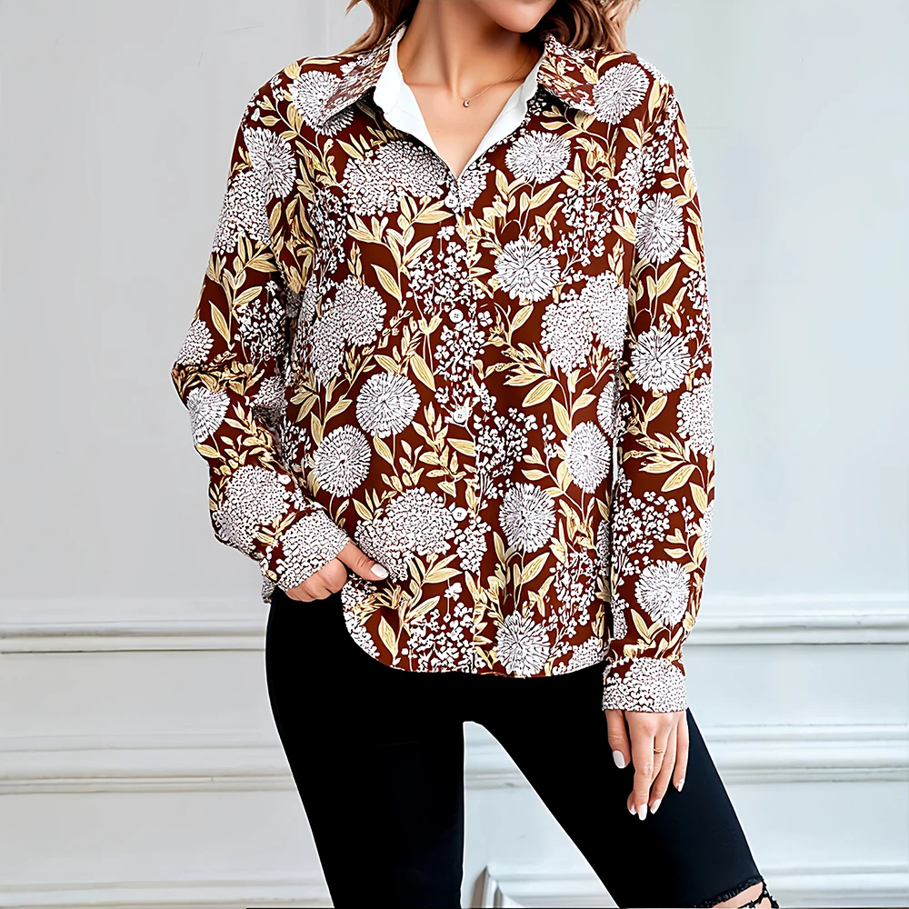 

Mia Muse Boutique женские рубашки осенние элегантные базовые однобортные рубашки с цветочным принтом и манжетами на пуговицах рукава рубашки с воротником