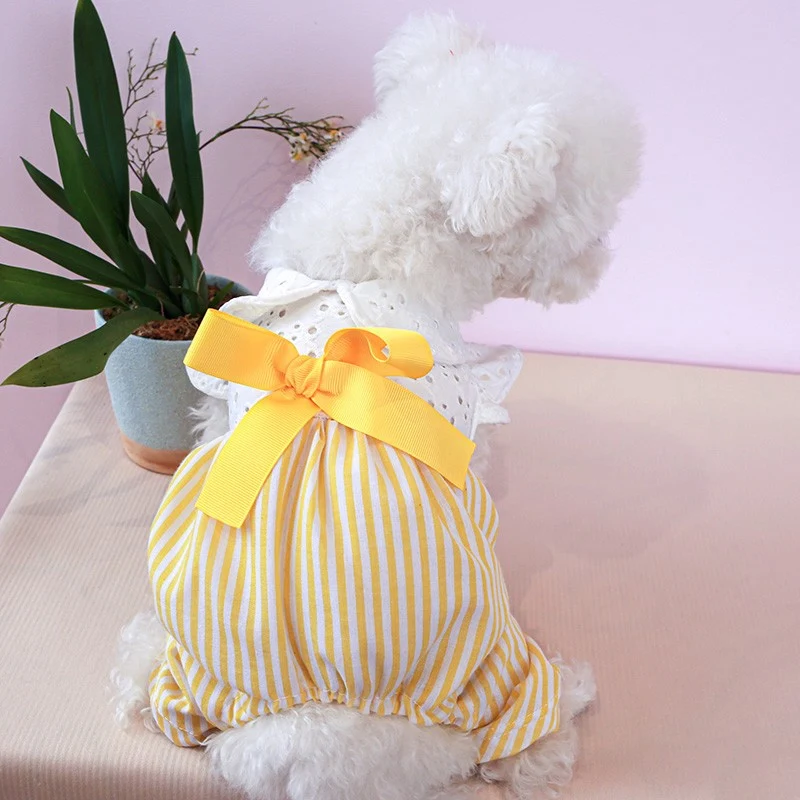 1PC Pet Apparel Dog Slim Fit Spring/Summer Thin Yellow Stripe Small Flying Sleeve Four legged Strap Pants For Small Medium Dogs