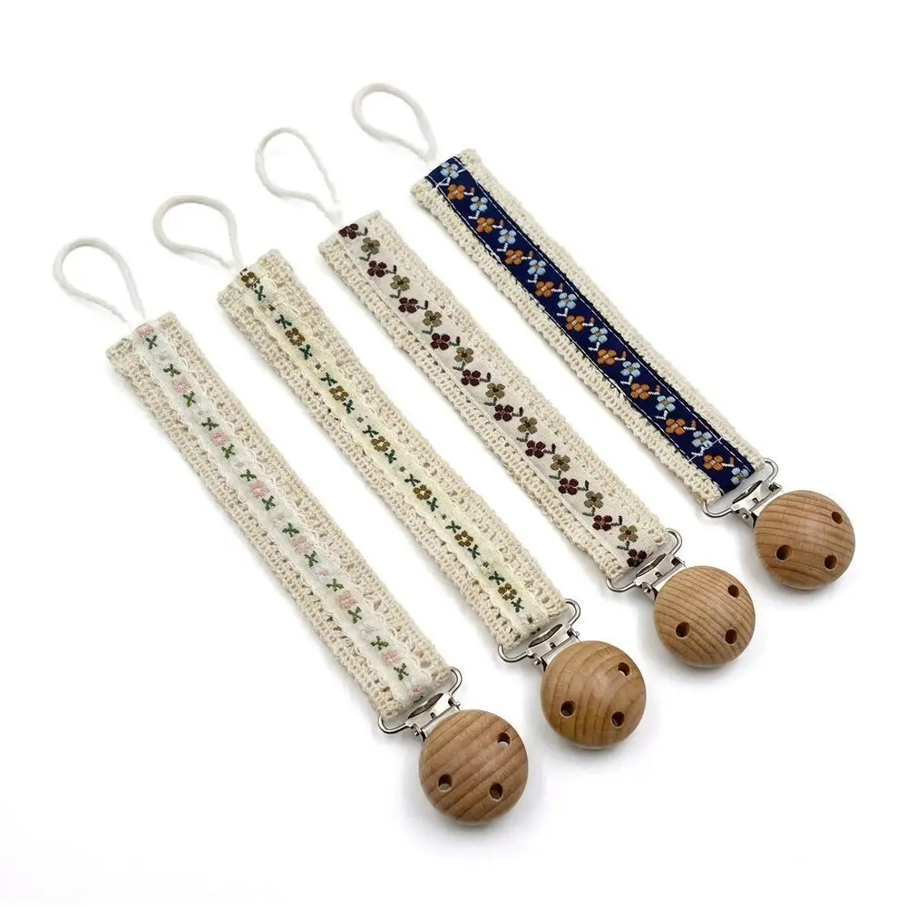 Wooden Baby Pacifier Chain Cute Flower Print Dummy Nipple Holder Guard Teether Pendant Baby Accessories