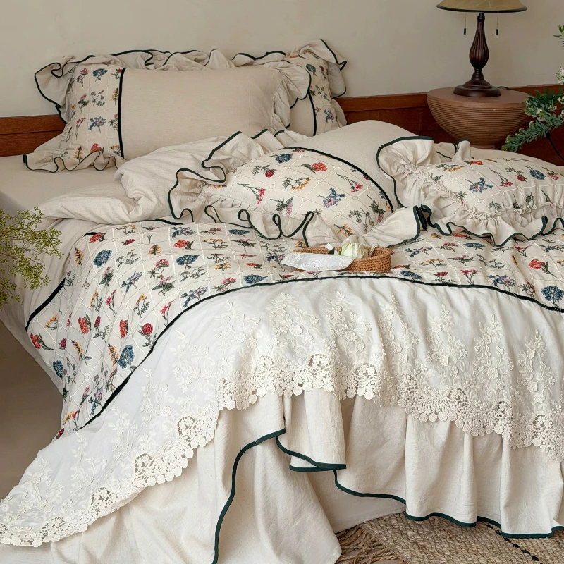 French girl pastoral cotton and linen lace four-piece set niche embroidered linen blended quilt cover bedding