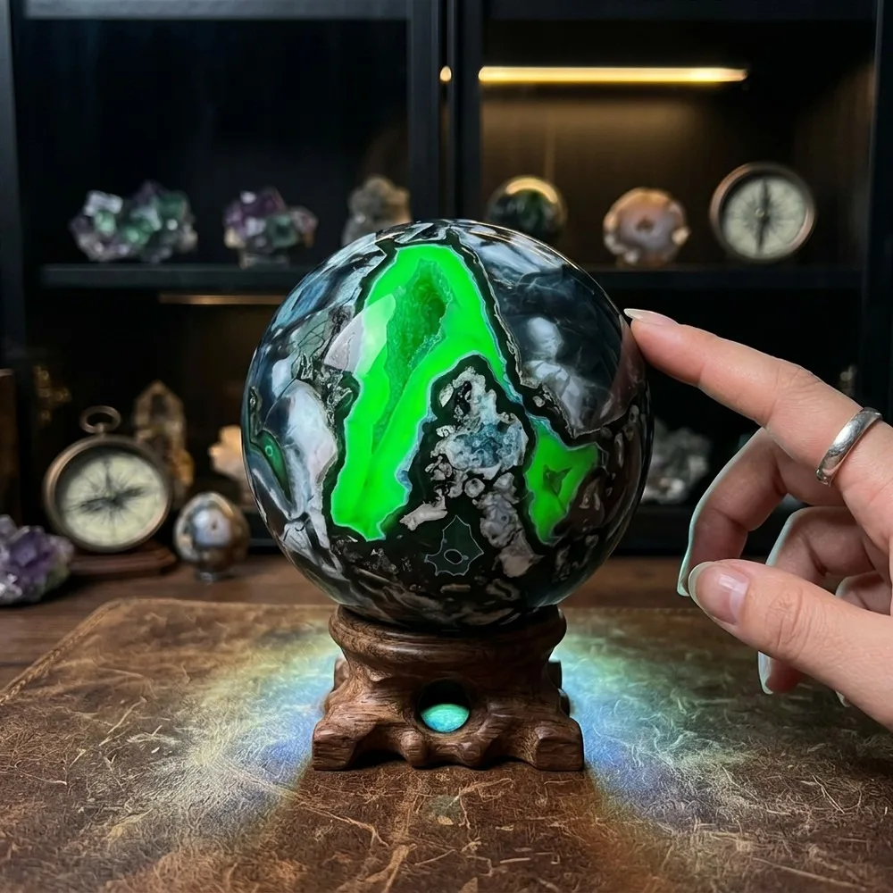 Glowing Green UV Reactive Volcano Agate Sphere | Natural Fluorescent Crystal Ball with Druzy Sparkle for Energy Healing
